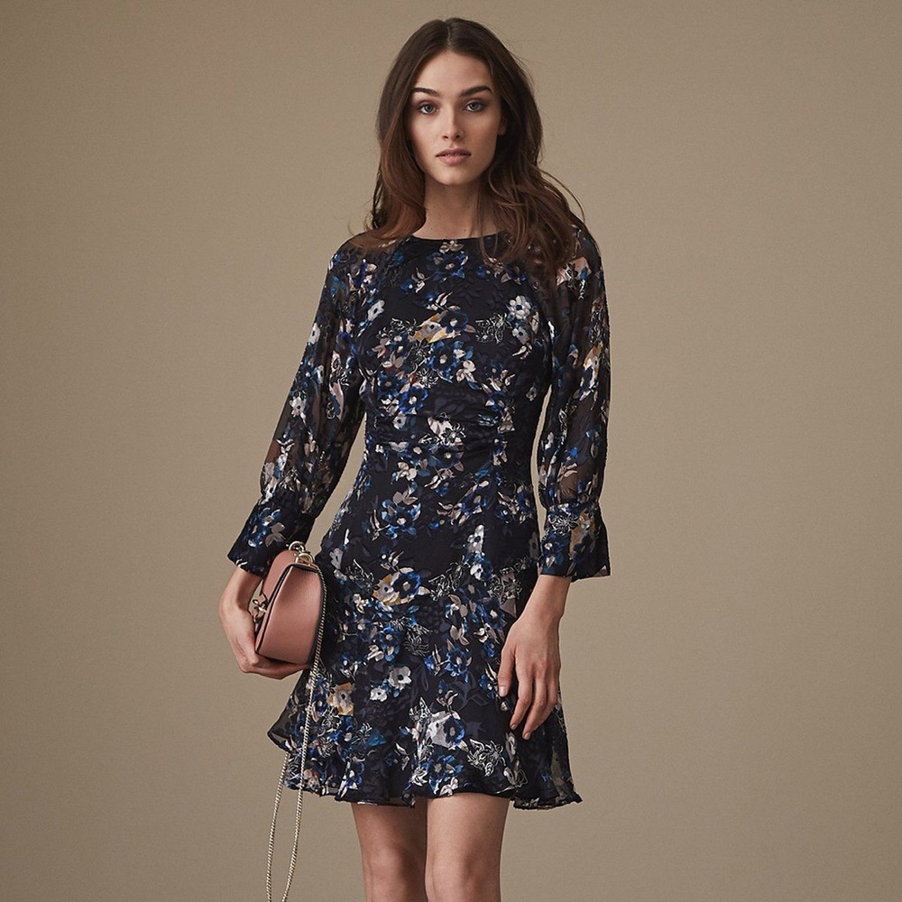 REISS LONDON ALBERTA sheer navy floral dress US6